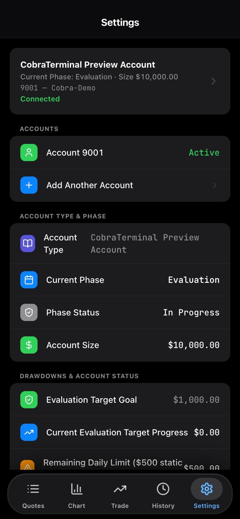 Cobra Terminal account status screen